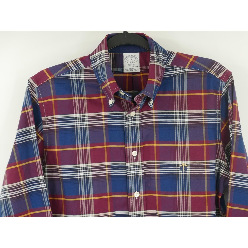 Brooks Brothers Shirt Mens Small Blue Burgundy Plaid Non Iron Regent Button Down